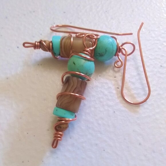 Aqua Turquoise & Tan Stack Stone Earrings ~ Handmade Copper Wire Wrap & Ear Wire - Picture 1 of 11